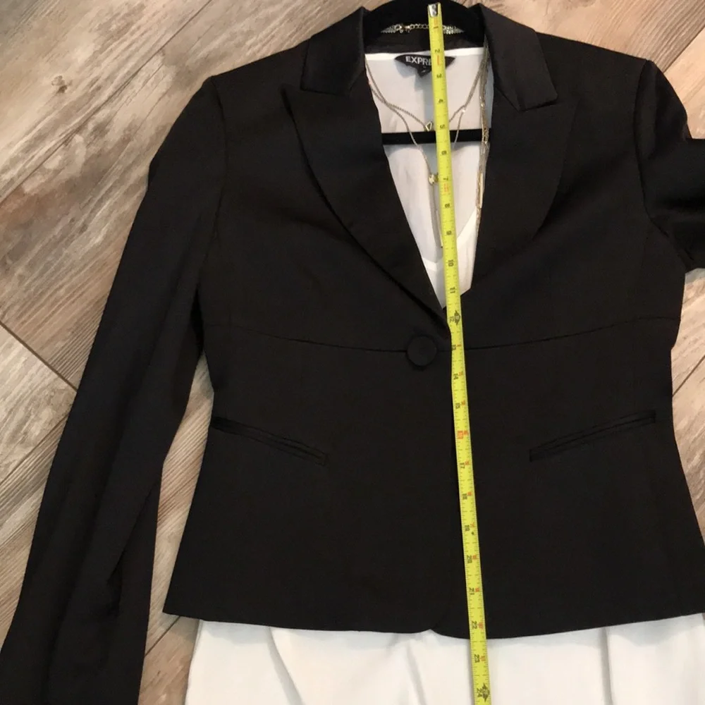 BCBG Satin Blazer Feminine Tuxedo with a Twist Black